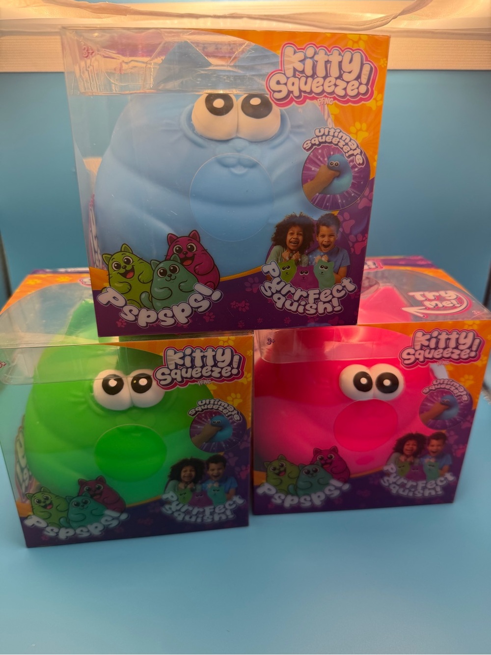 Squeeze Kitty Squeeze!Squishy Toys - Blue, Green, Pink